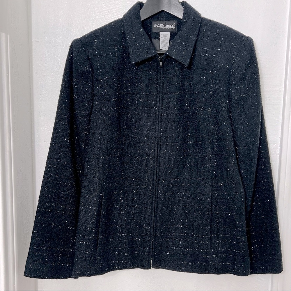 Sag‎ Harbor Petite Women's Sparkly Tweed Dressy Evening Jacket, Black, Size 14